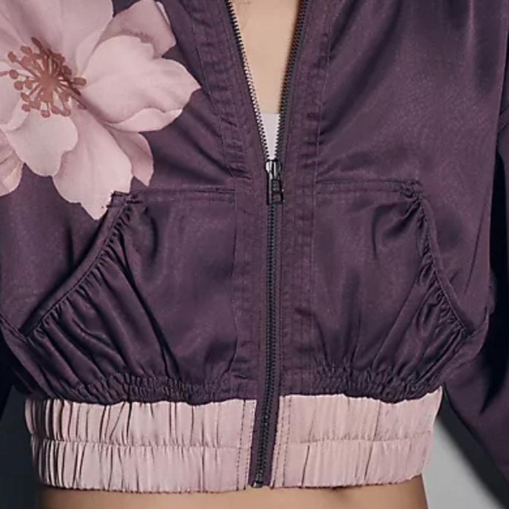 Purple Satinny Floral Crop Bomber Jacket w/wideleg Track Pant match L - Picture 5 of 8
